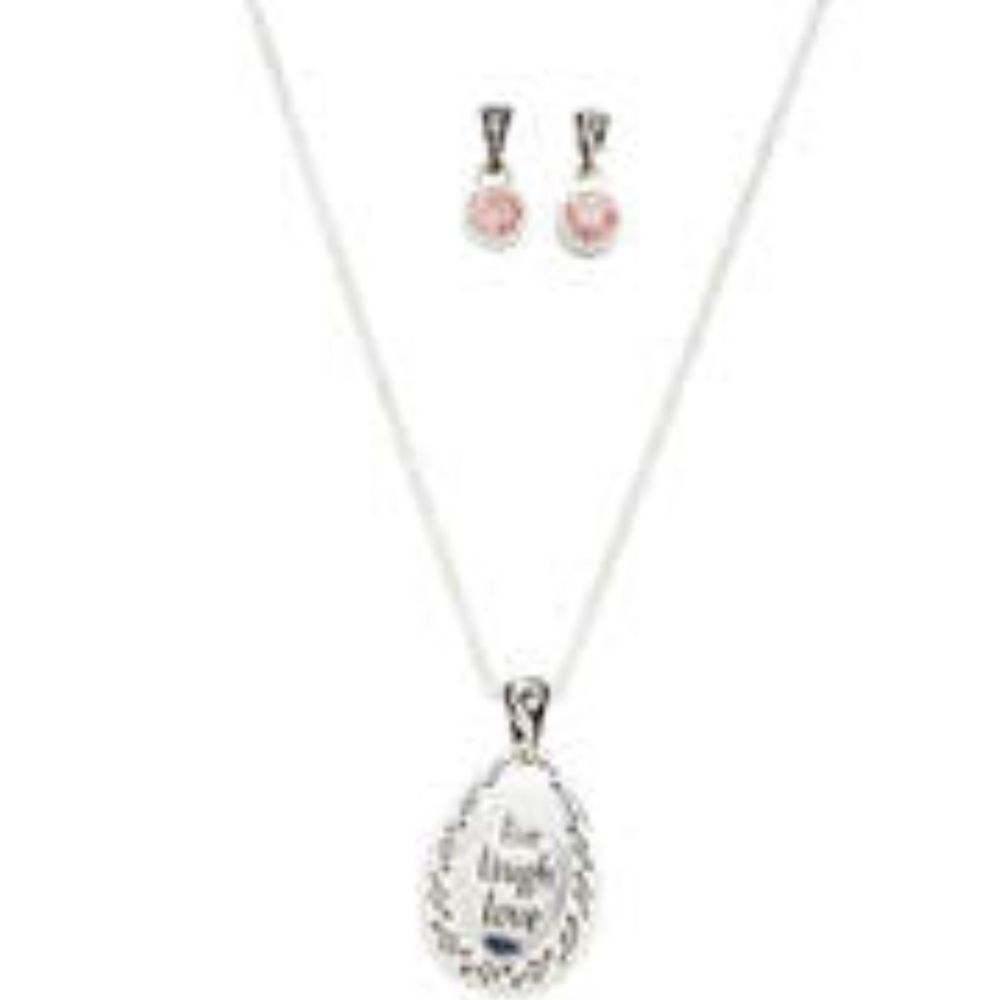 Belk silver live laugh love necklace earring set pink stone